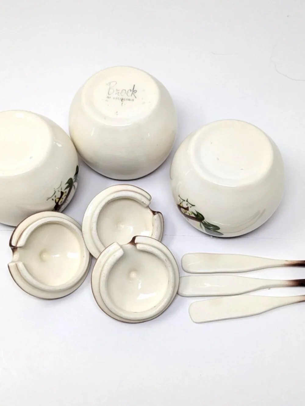 Brock of California CHANTICLEER Rooster condiment Jars Set of 3 VTG 50s